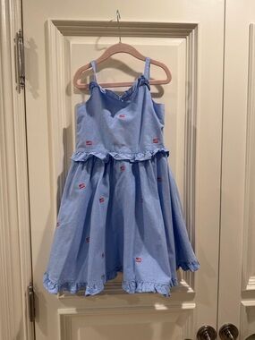 Janie and Jack Light Blue Ruffle Strap Dress with Embroidered Flags